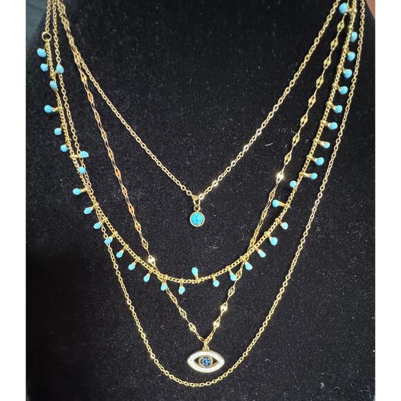 Gold Tone Layered 4-Chain Necklace Turquoise Charms & Evil Eye Pendant 22” N124 - Picture 1 of 3